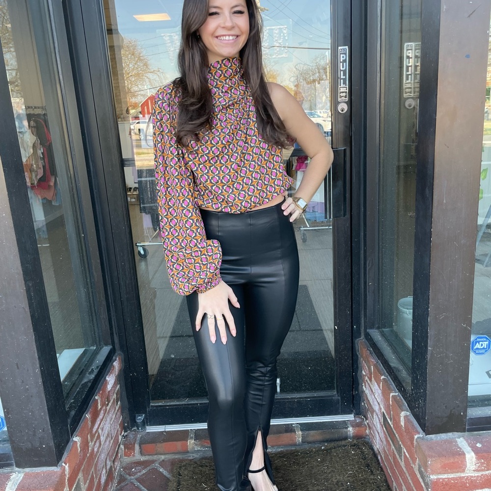 Geometric One-Shoulder Top and Black Leather Pants